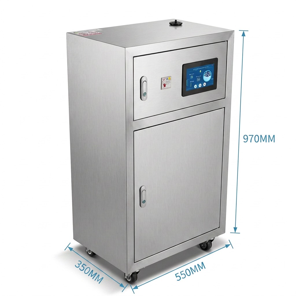 HERO Irrigation dimensions — 550 mm wide, 350 mm deep, 970 mm high, caster-mounted stainless cabinet