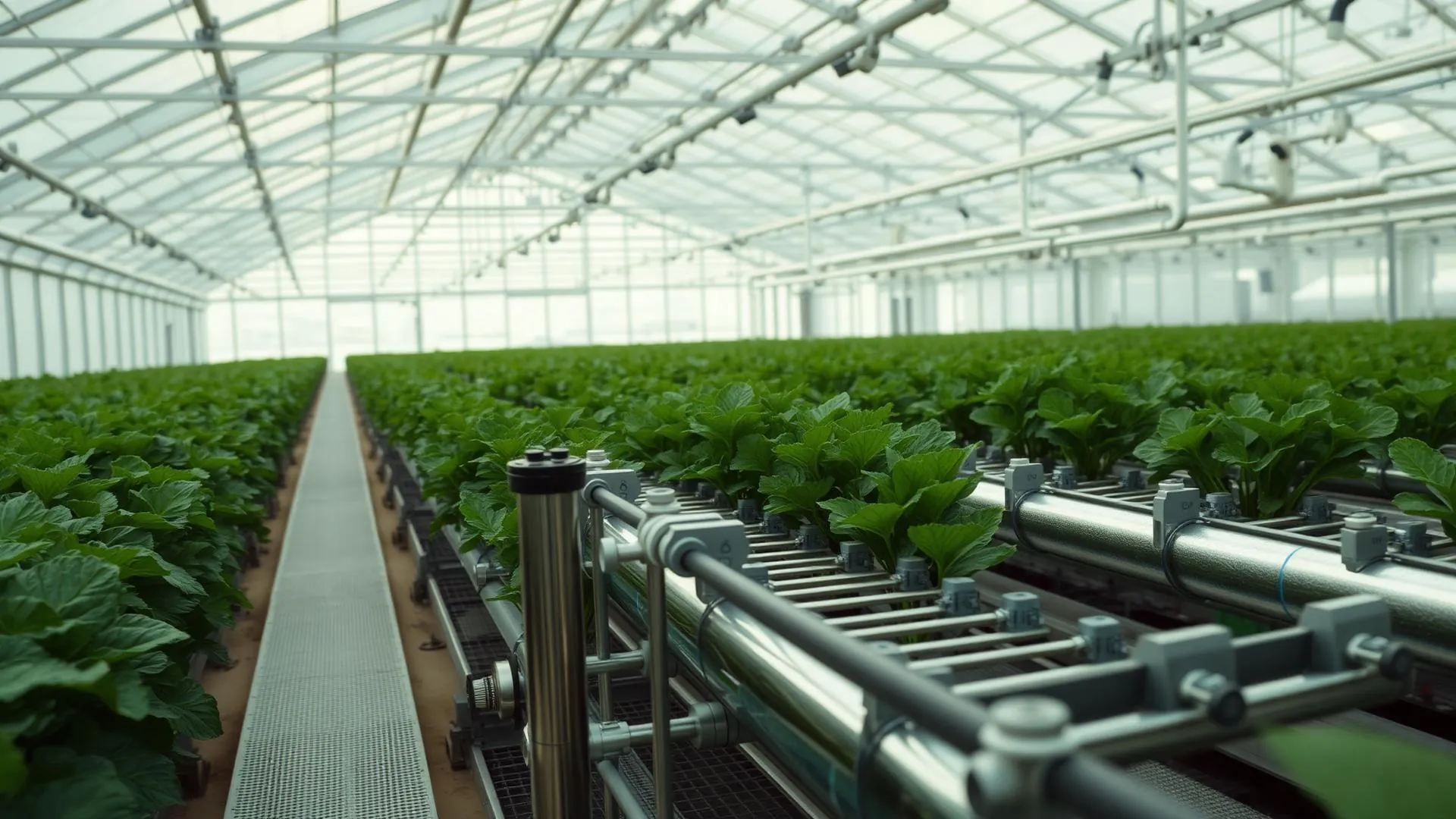 Rows of healthy crops inside a bright commercial Venlo-style glasshouse with stainless-steel irrigation lines and climate pipework