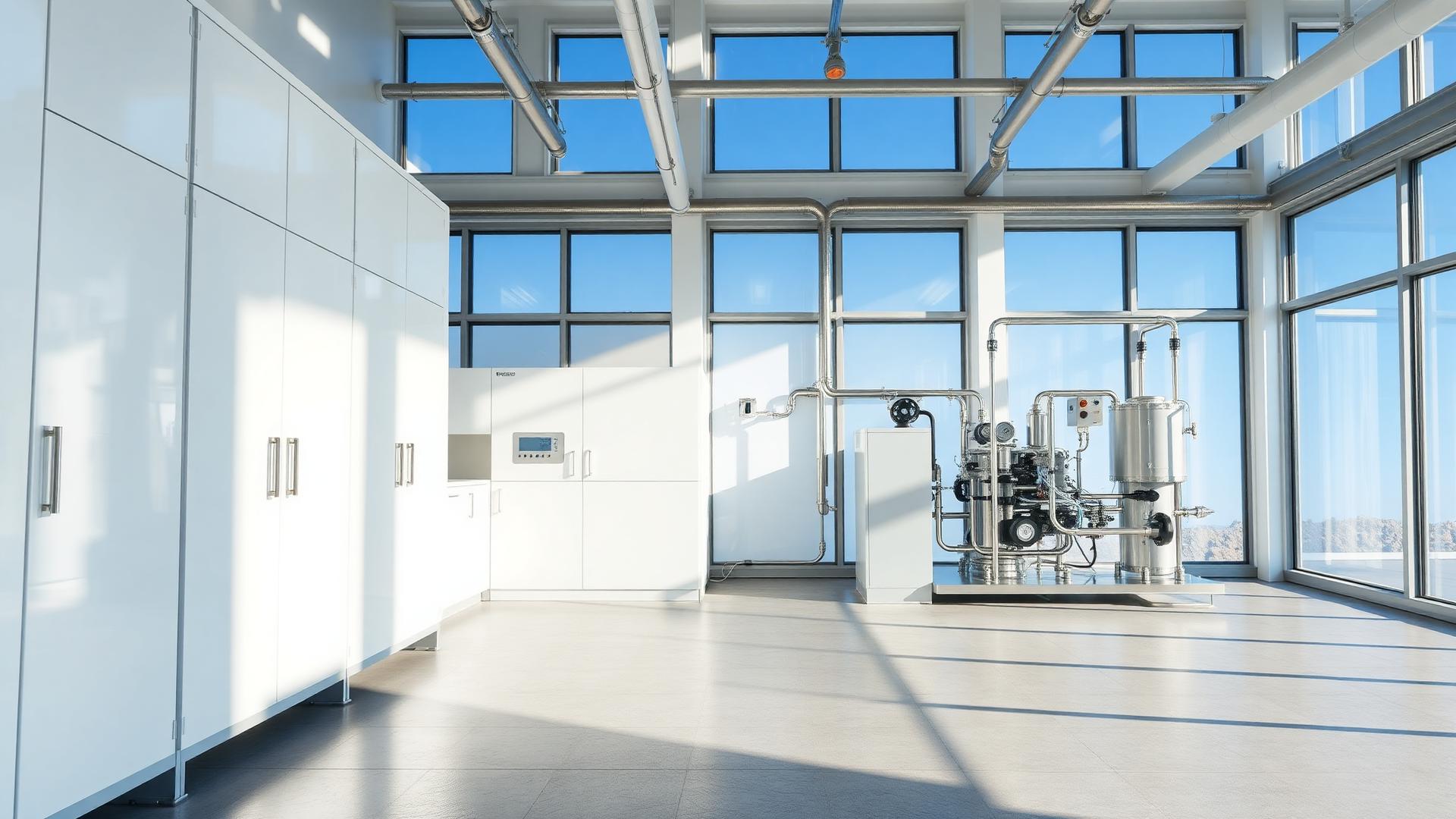 Bright, clean hydrogen electrolyser installation in a modern daylight facility