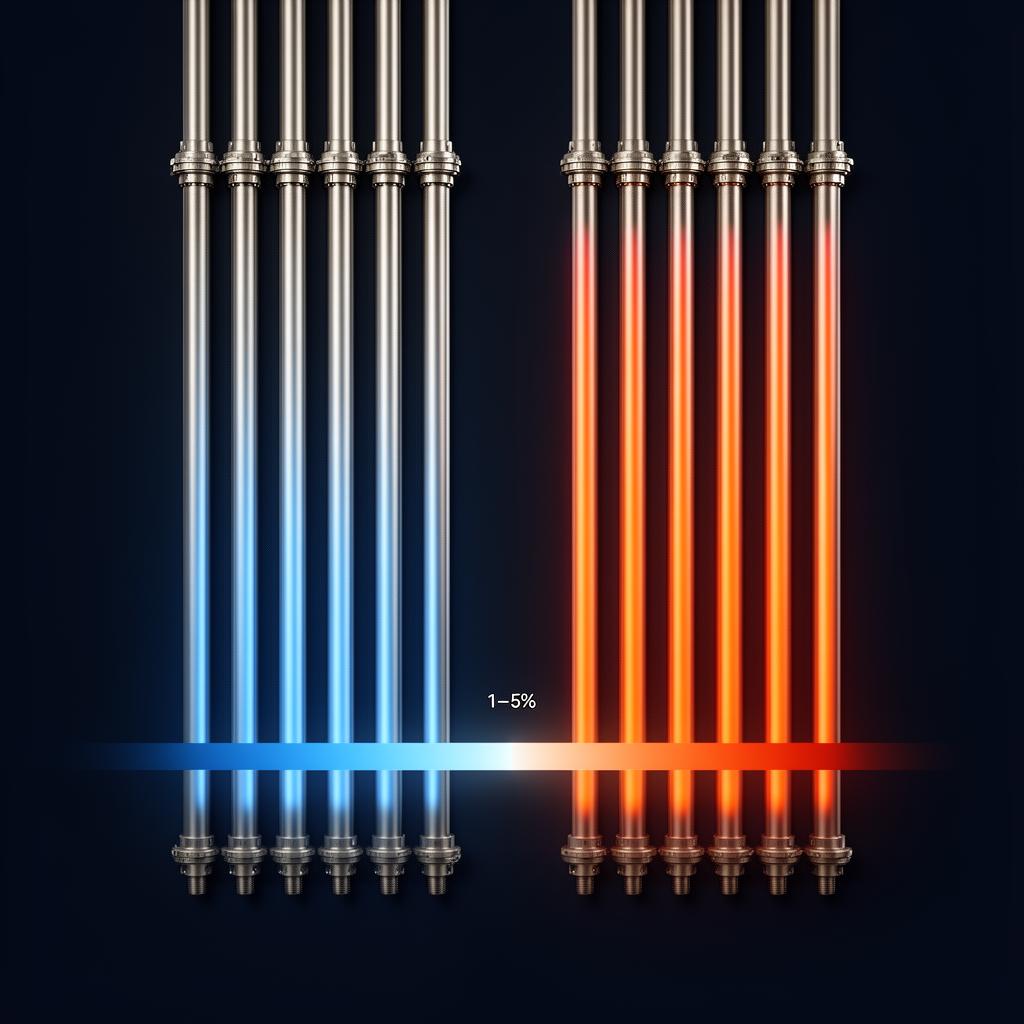 Quantified performance gap — same boiler tubes, blue stable state vs orange drift state, with delta bar showing 1–5% measurable gap
