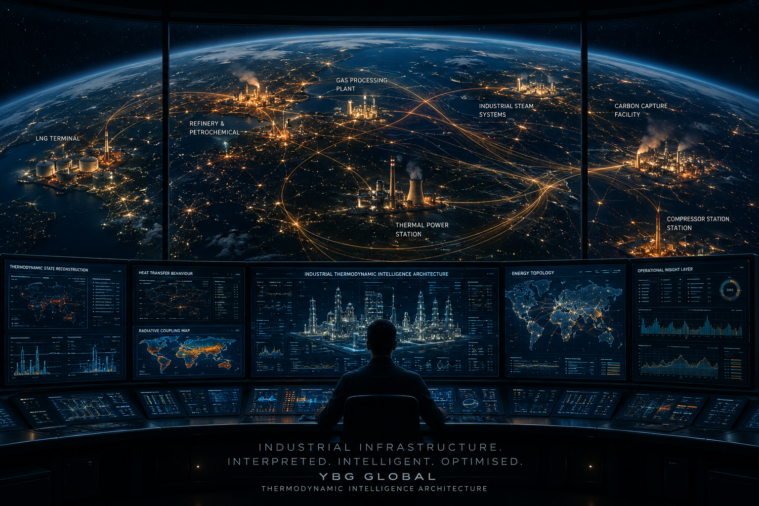 Industrial thermodynamic command environment overlooking global infrastructure topology